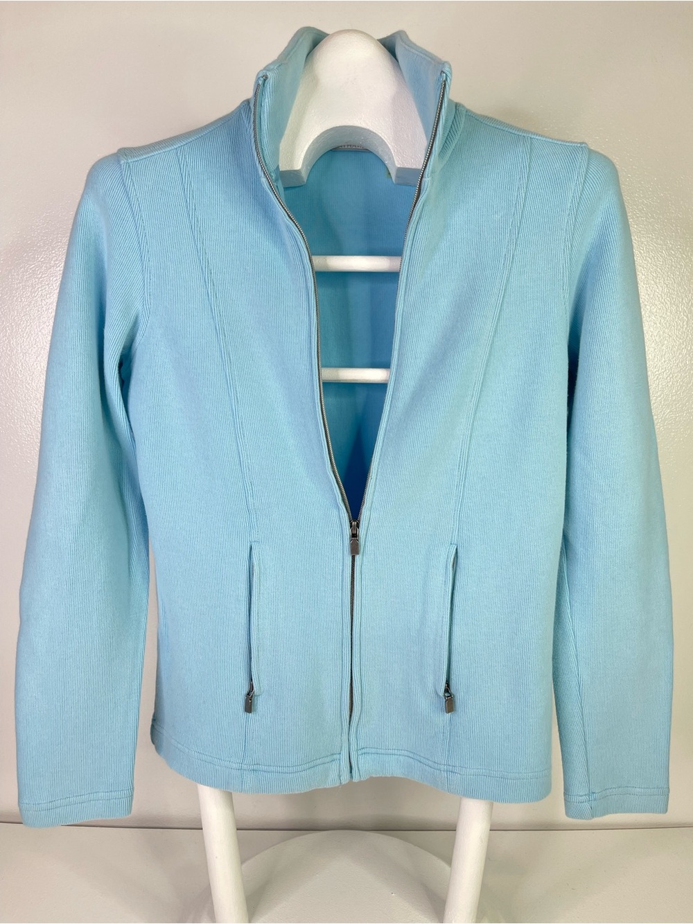 Lady Hathaway Full Zip Sweater Jacket Womens Medium Blue Ribbed Knit Pockets